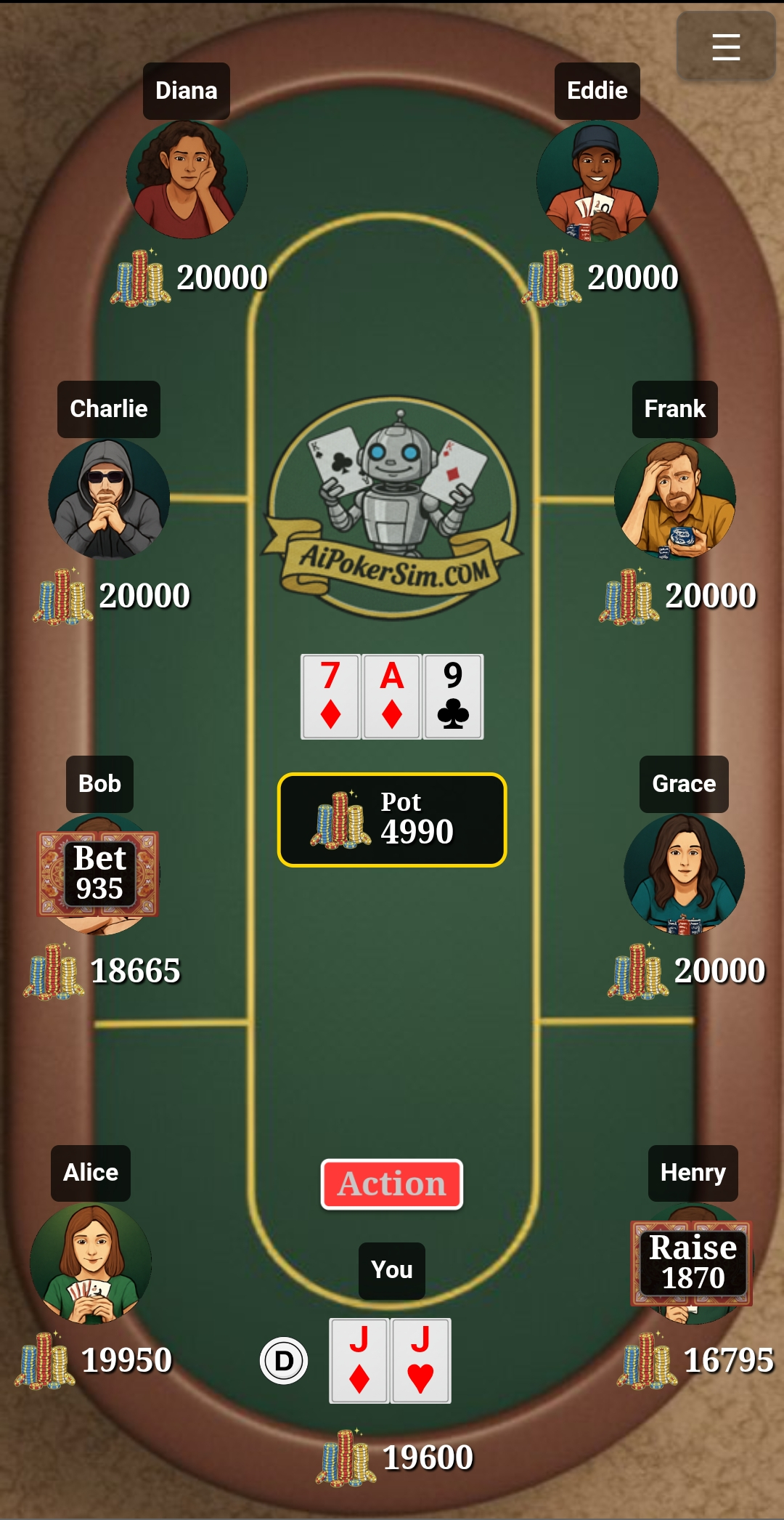 AI Poker Sim game interface showing Texas Hold'em poker table